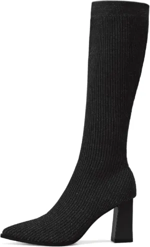 Women's Chunky Heel Boots, Knit Comfort High Boots, Minimalist Style, Rubber Sole