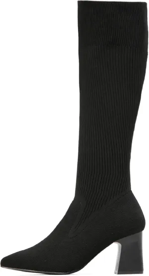 Women's Chunky Heel Boots, Knit Comfort High Boots, Minimalist Style, Rubber Sole