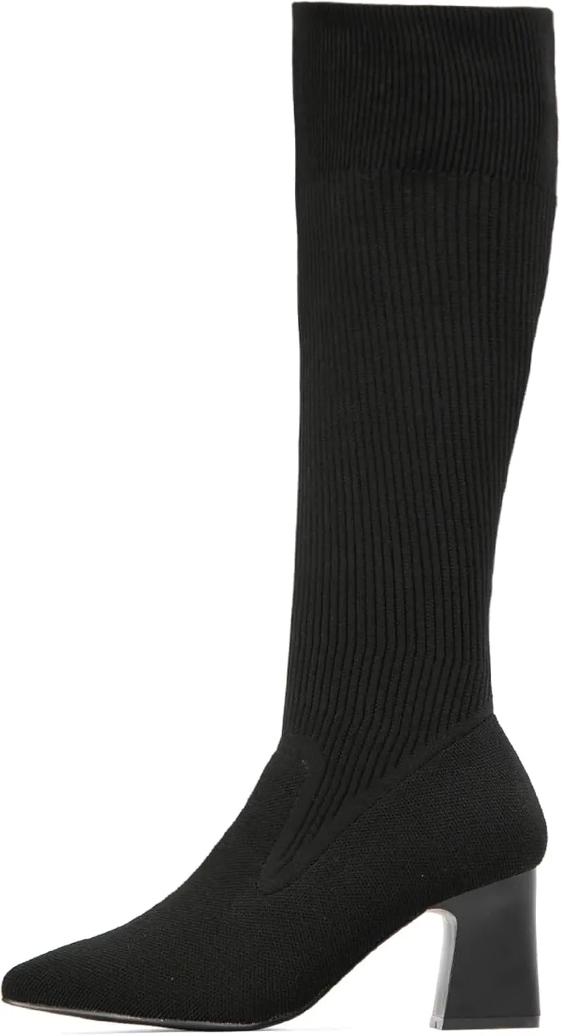 Women's Chunky Heel Boots, Knit Comfort High Boots, Minimalist Style, Rubber Sole