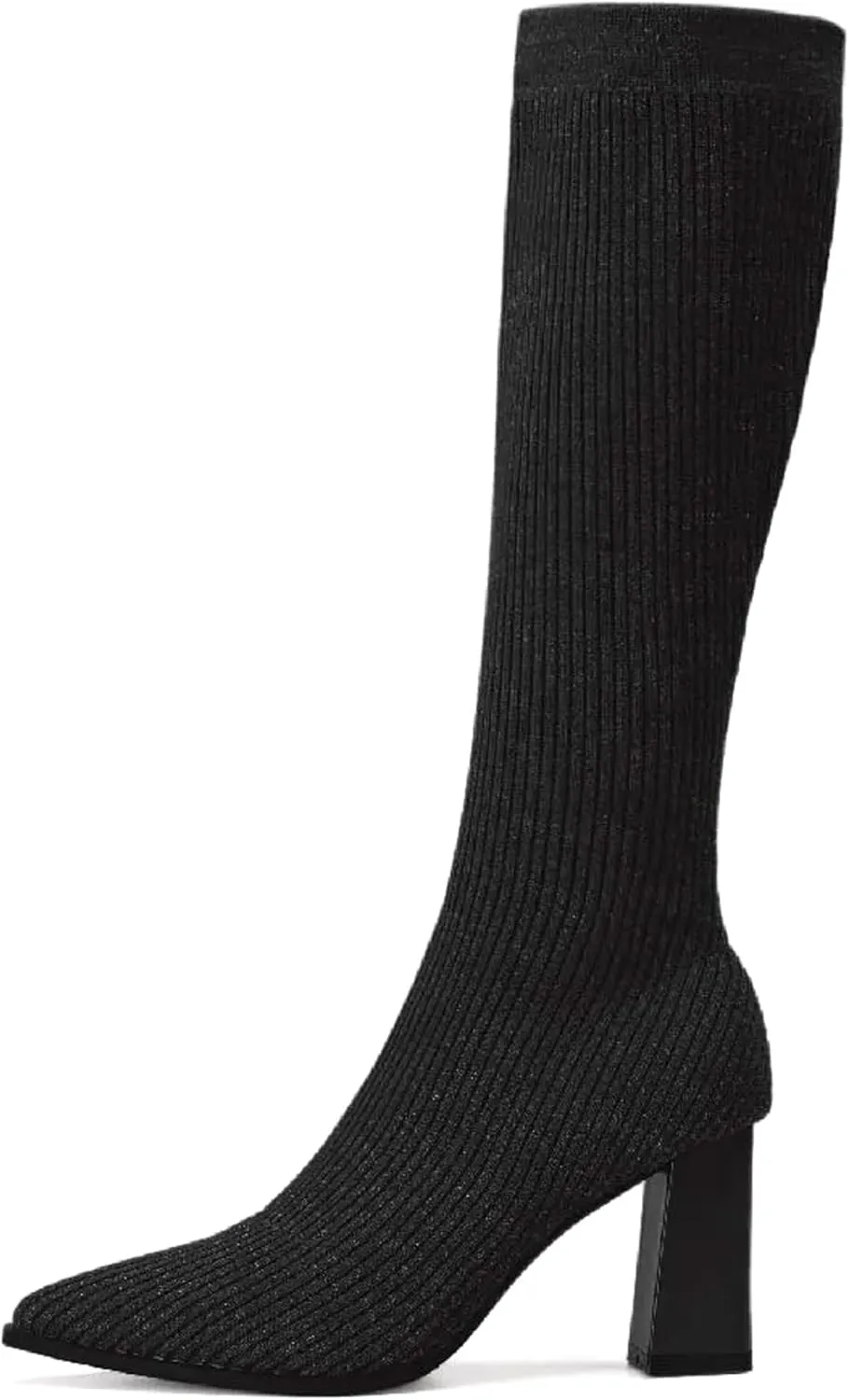 Women's Chunky Heel Boots, Knit Comfort High Boots, Minimalist Style, Rubber Sole