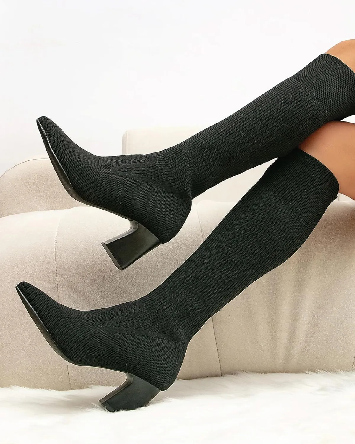 Women's Chunky Heel Boots, Knit Comfort High Boots, Minimalist Style, Rubber Sole