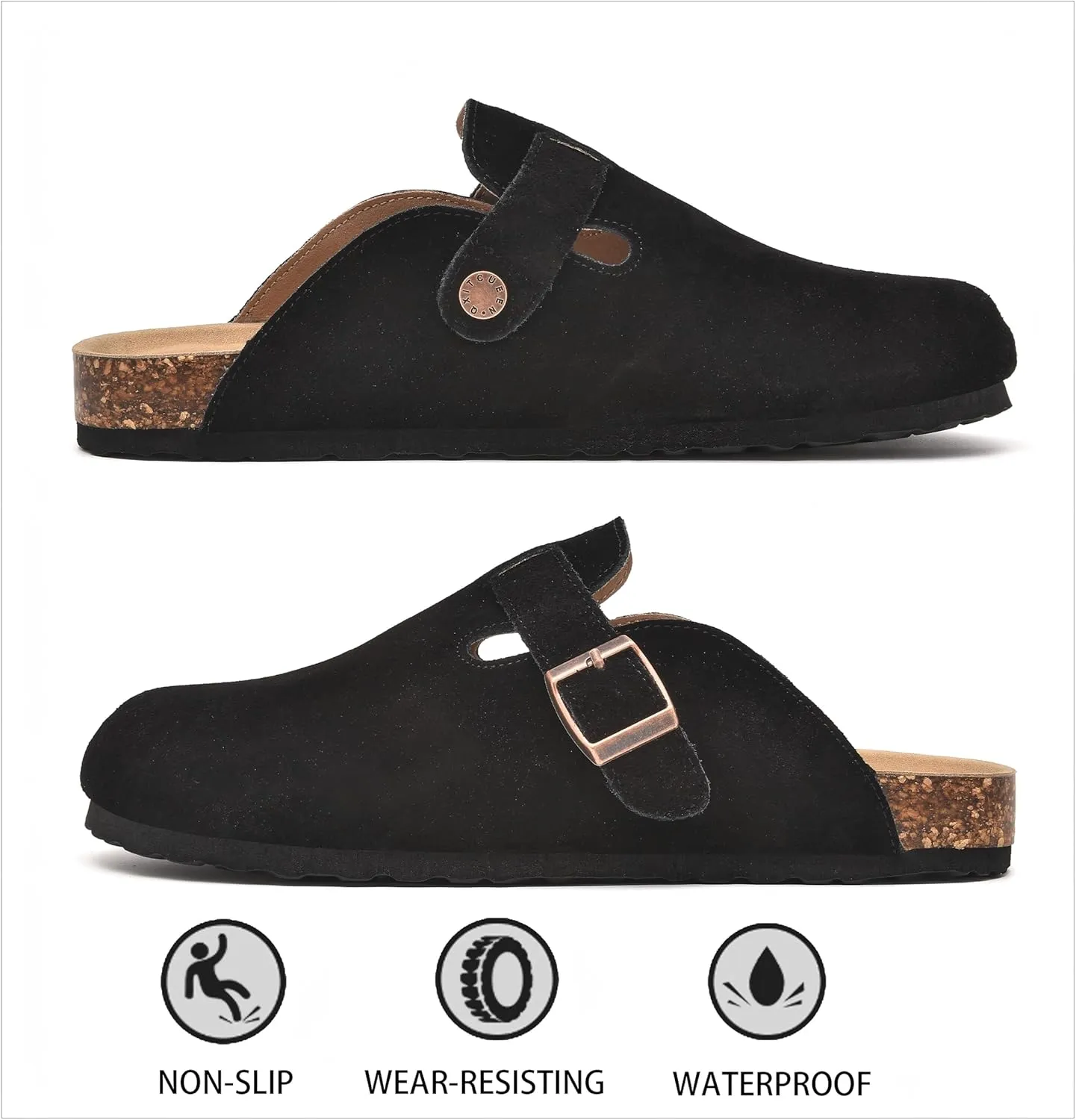 Womens Clogs Soft Leather Mules Cork Footbed Sandals Non-Slip Comfort Potato Shoes