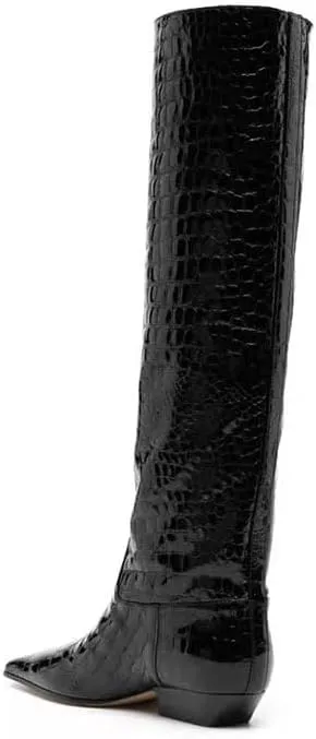 Women's Croc Knee High Boots Chunky Low Heel Pointed Toe Leather Riding Boots Tall Boots Wide Calf High Boots Pull On Faux Crocodile Boots