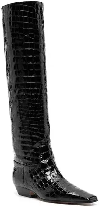 Women's Croc Knee High Boots Chunky Low Heel Pointed Toe Leather Riding Boots Tall Boots Wide Calf High Boots Pull On Faux Crocodile Boots