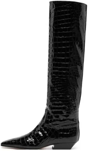 Women's Croc Knee High Boots Chunky Low Heel Pointed Toe Leather Riding Boots Tall Boots Wide Calf High Boots Pull On Faux Crocodile Boots