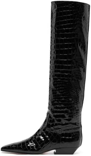 Women's Croc Knee High Boots Chunky Low Heel Pointed Toe Leather Riding Boots Tall Boots Wide Calf High Boots Pull On Faux Crocodile Boots