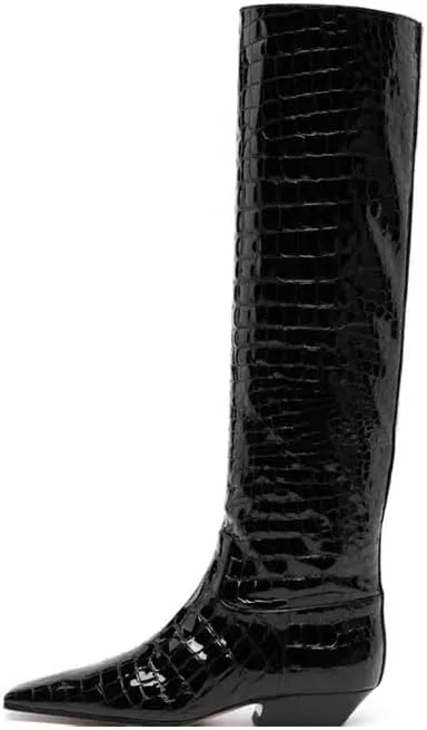 Women's Croc Knee High Boots Chunky Low Heel Pointed Toe Leather Riding Boots Tall Boots Wide Calf High Boots Pull On Faux Crocodile Boots