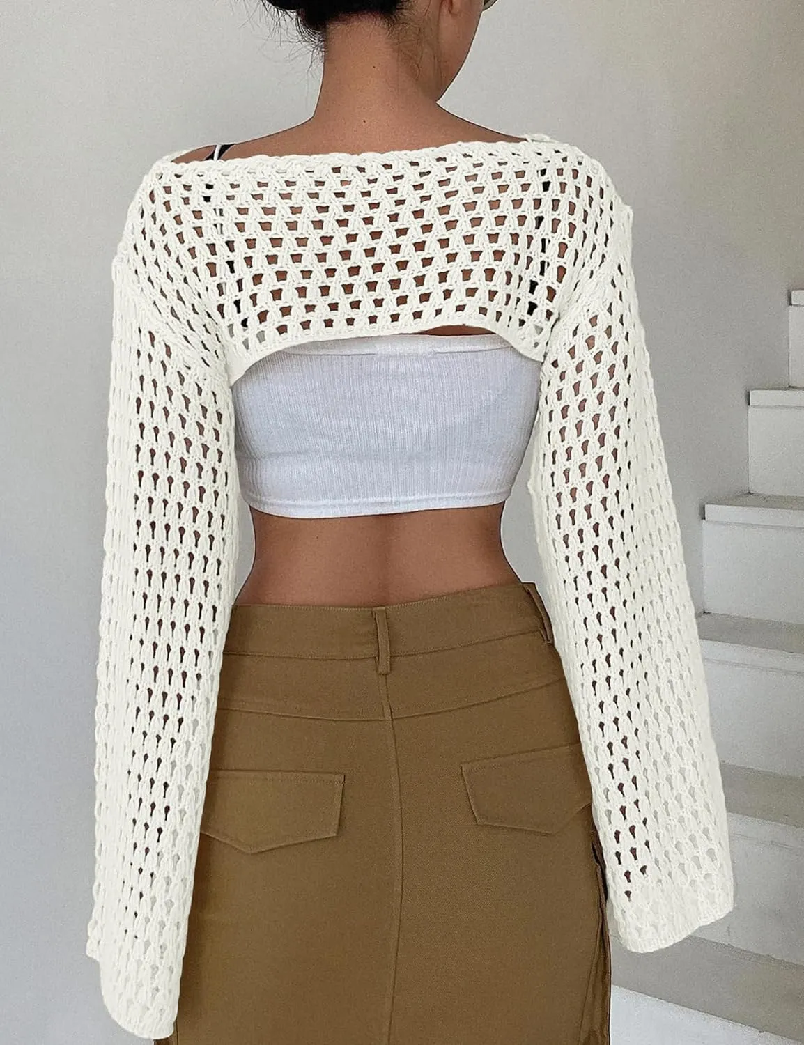 Womens Cropped Sweater Crochet Knit Crop Tops See Through Y2k Knit Sweater Beach Cover Ups
