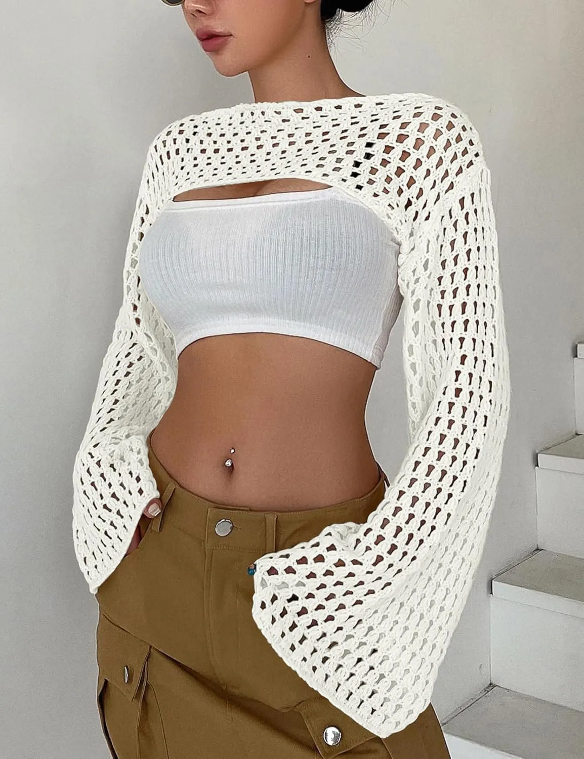Womens Cropped Sweater Crochet Knit Crop Tops See Through Y2k Knit Sweater Beach Cover Ups