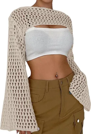 Womens Cropped Sweater Crochet Knit Crop Tops See Through Y2k Knit Sweater Beach Cover Ups
