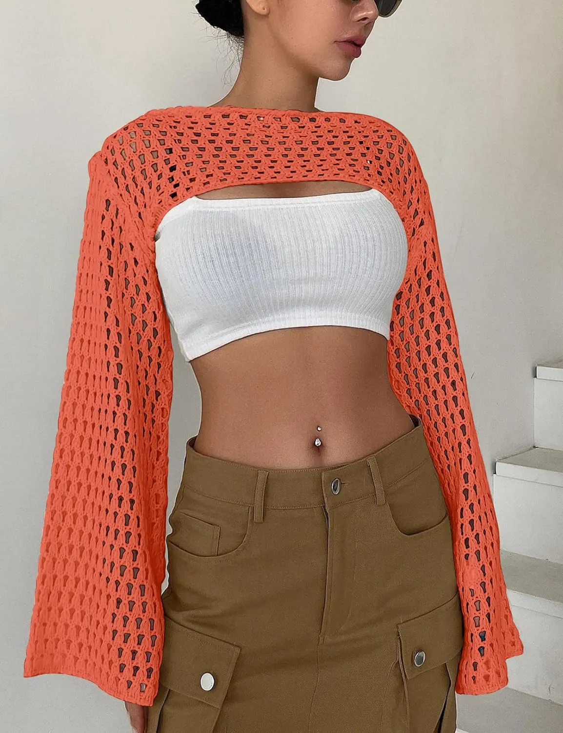 Womens Cropped Sweater Crochet Knit Crop Tops See Through Y2k Knit Sweater Beach Cover Ups
