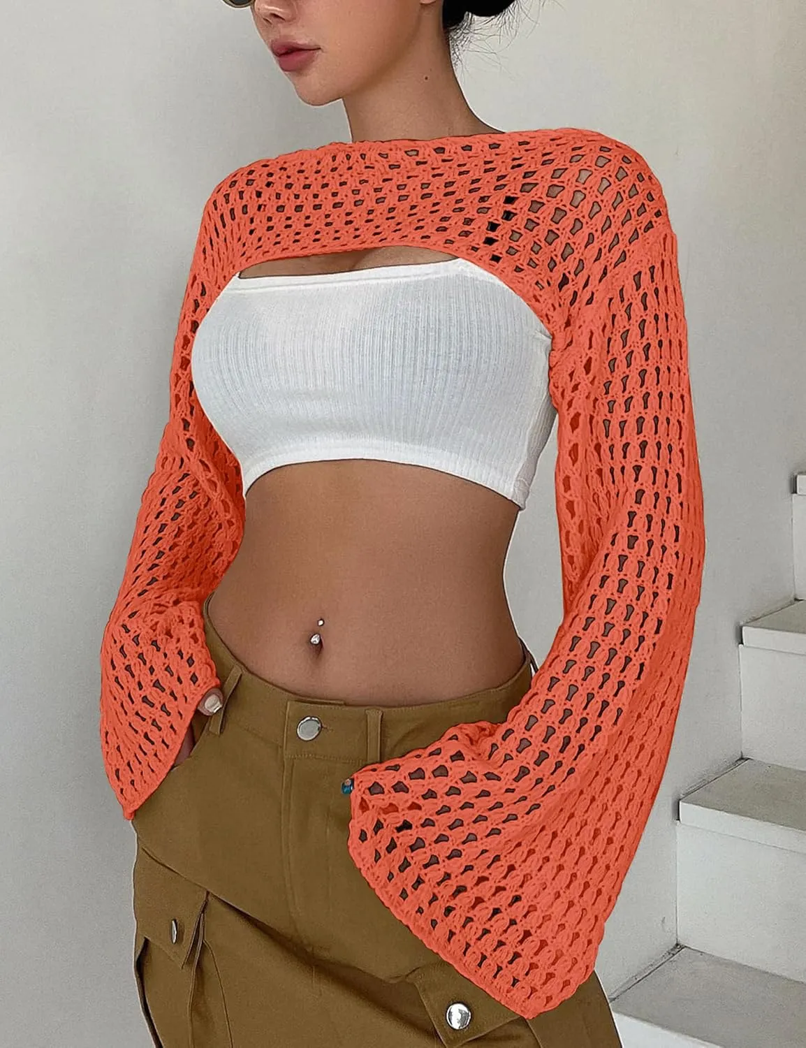 Womens Cropped Sweater Crochet Knit Crop Tops See Through Y2k Knit Sweater Beach Cover Ups