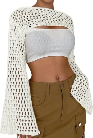 Womens Cropped Sweater Crochet Knit Crop Tops See Through Y2k Knit Sweater Beach Cover Ups