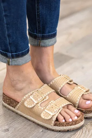 Women's Double Buckle Whip Stich Cork Flat Sandals