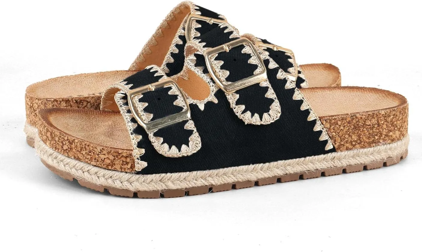 Women's Double Buckle Whip Stich Cork Flat Sandals