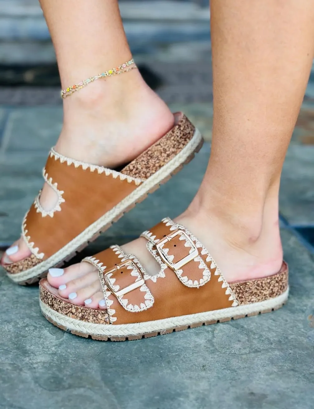 Women's Double Buckle Whip Stich Cork Flat Sandals