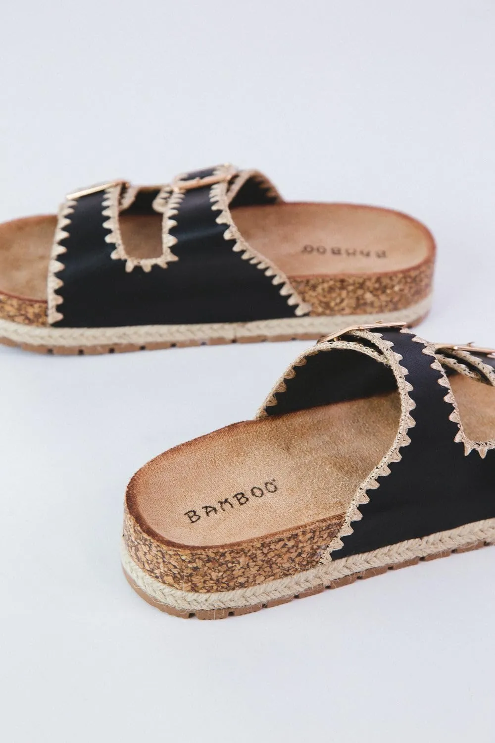Women's Double Buckle Whip Stich Cork Flat Sandals
