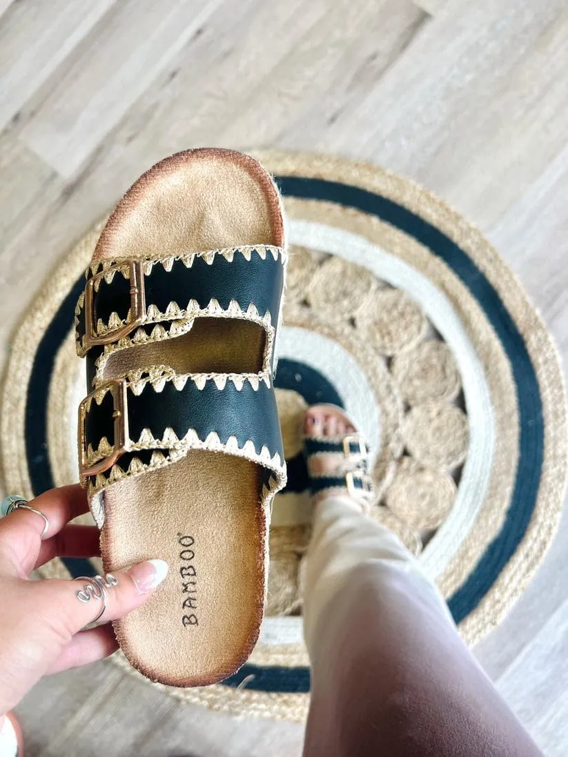 Women's Double Buckle Whip Stich Cork Flat Sandals