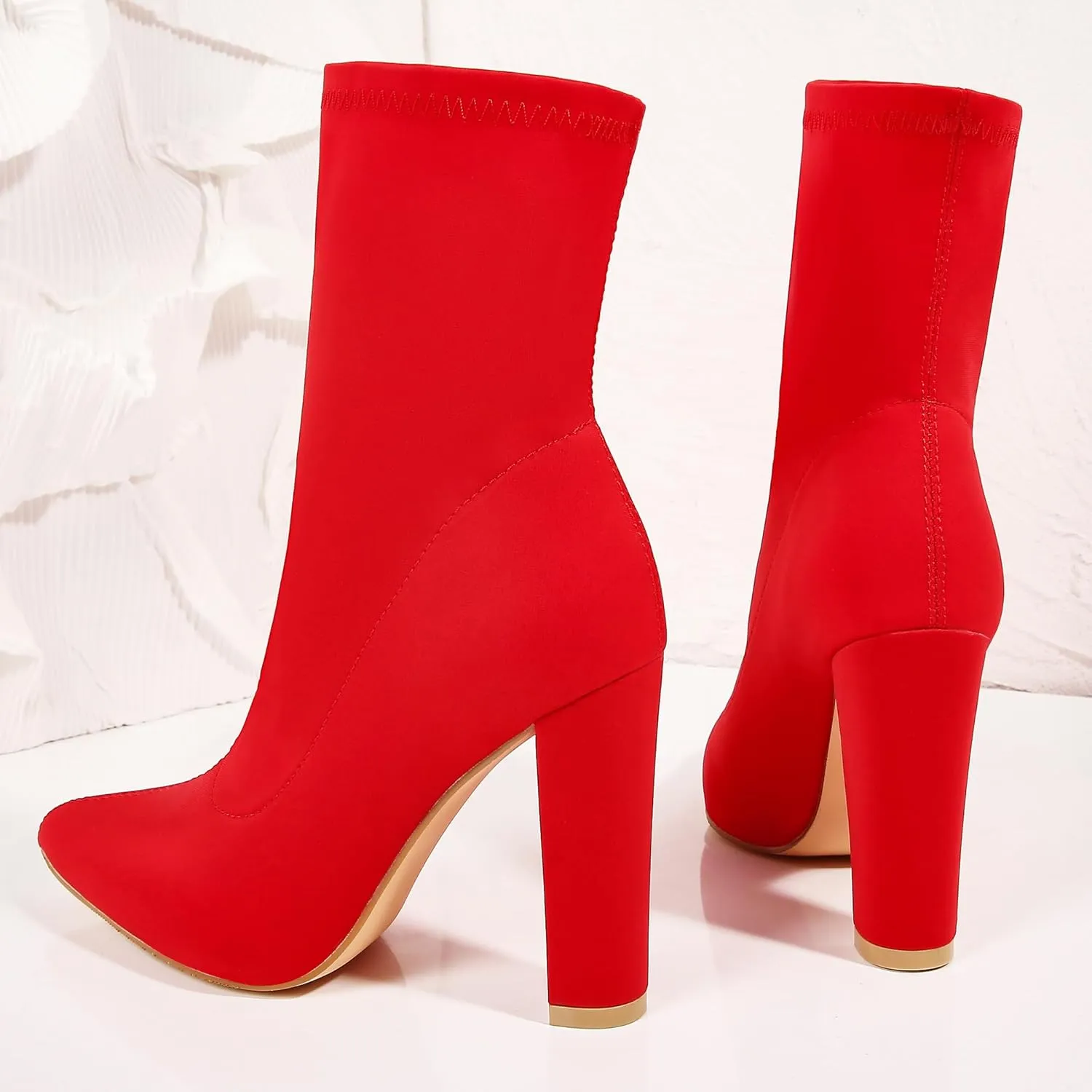 Women's High Heeled Booties Pointed Toe Mid Calf Ankle Boots Block Chunky Heels boot Stretch Fashion Sexy Wedding Short Bootie