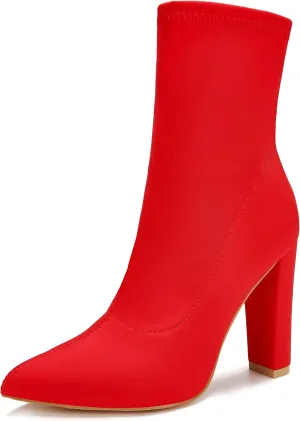 Women's High Heeled Booties Pointed Toe Mid Calf Ankle Boots Block Chunky Heels boot Stretch Fashion Sexy Wedding Short Bootie