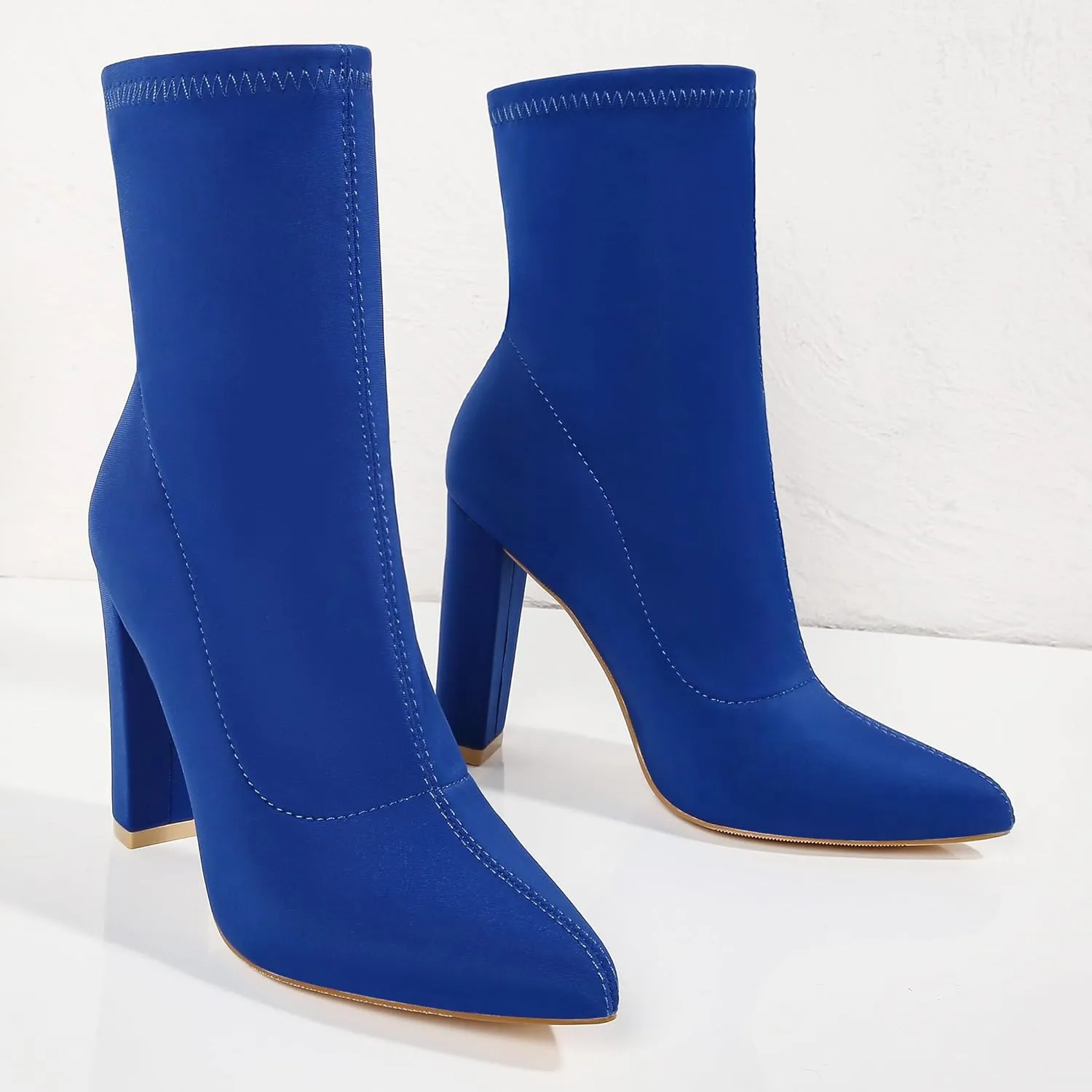 Women's High Heeled Booties Pointed Toe Mid Calf Ankle Boots Block Chunky Heels boot Stretch Fashion Sexy Wedding Short Bootie