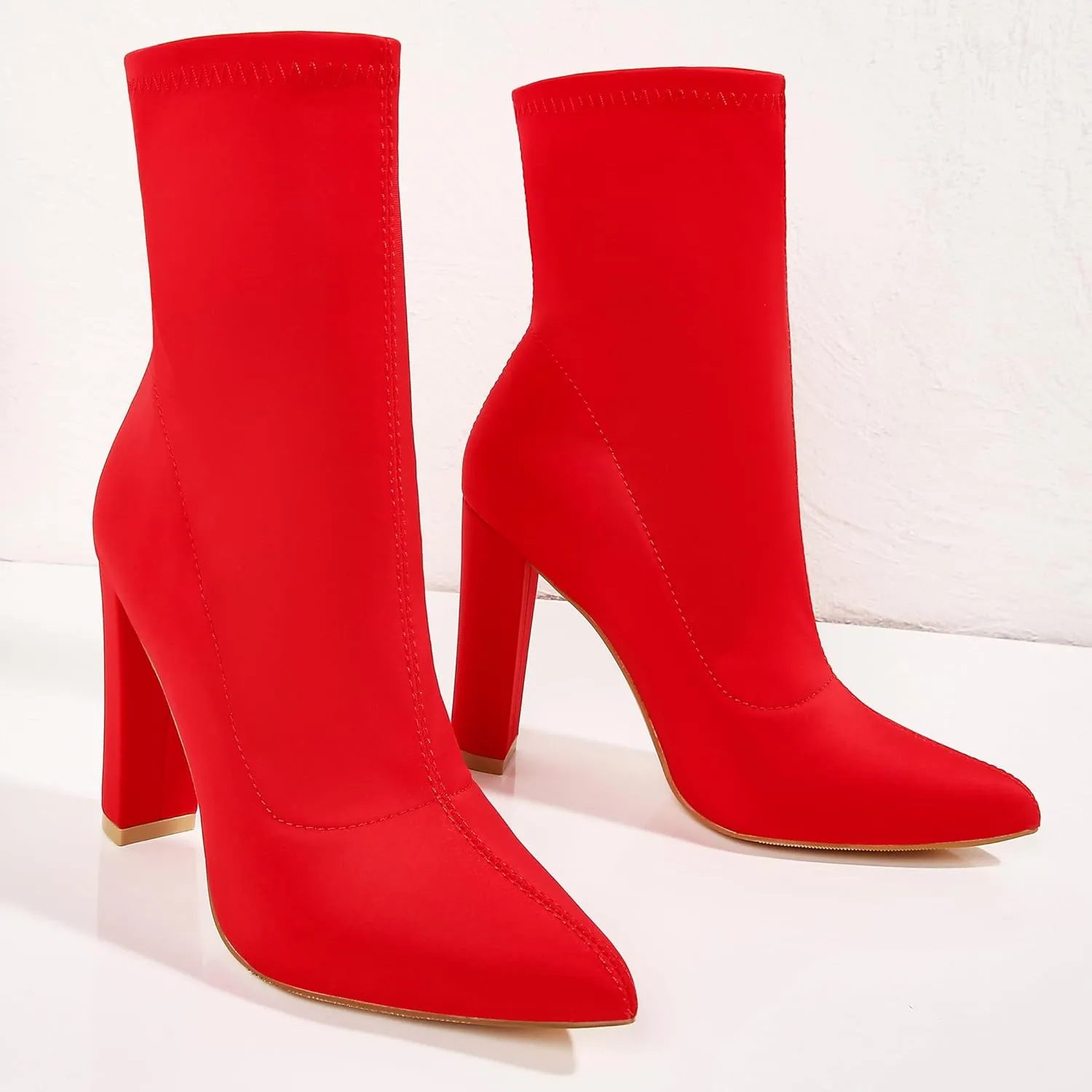 Women's High Heeled Booties Pointed Toe Mid Calf Ankle Boots Block Chunky Heels boot Stretch Fashion Sexy Wedding Short Bootie