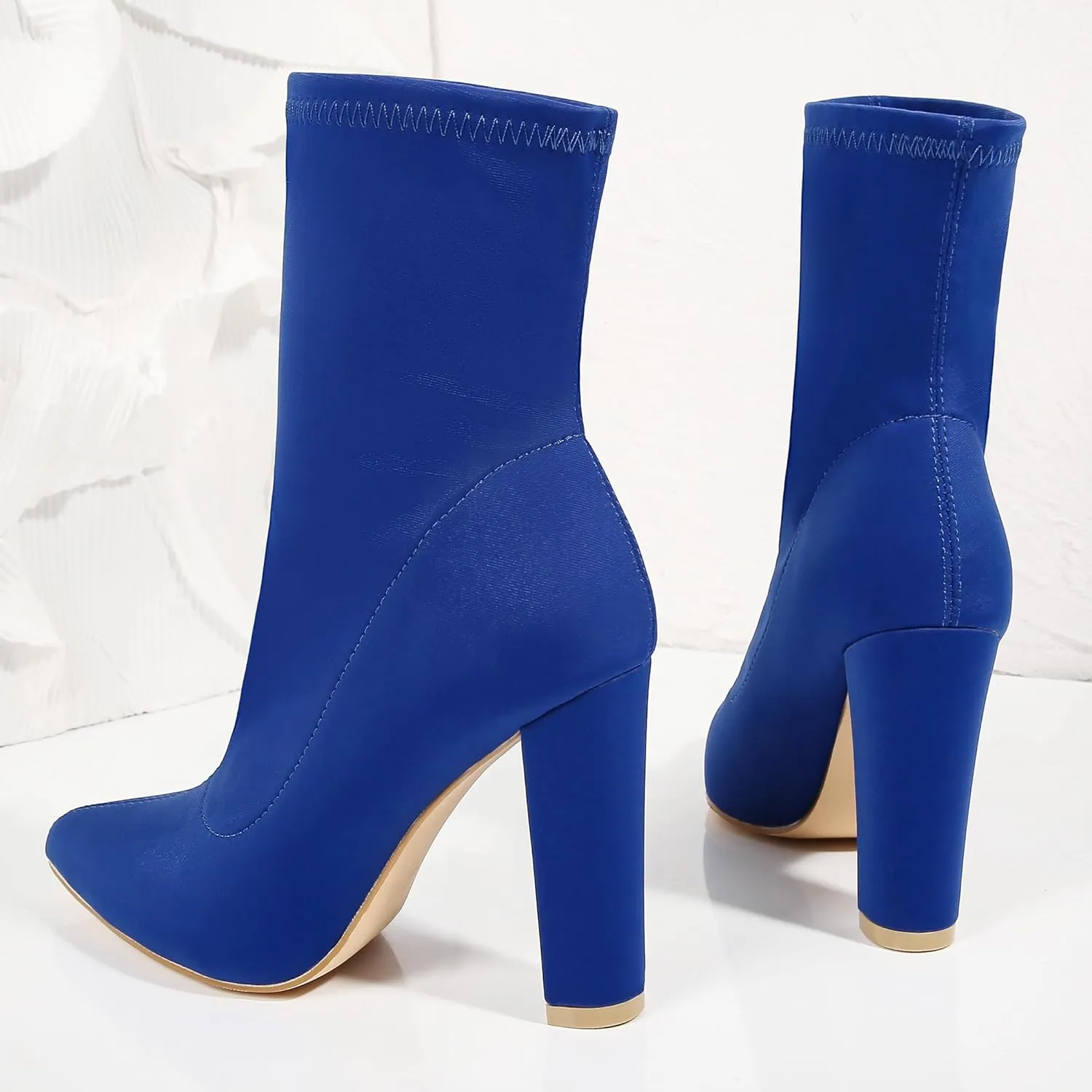 Women's High Heeled Booties Pointed Toe Mid Calf Ankle Boots Block Chunky Heels boot Stretch Fashion Sexy Wedding Short Bootie