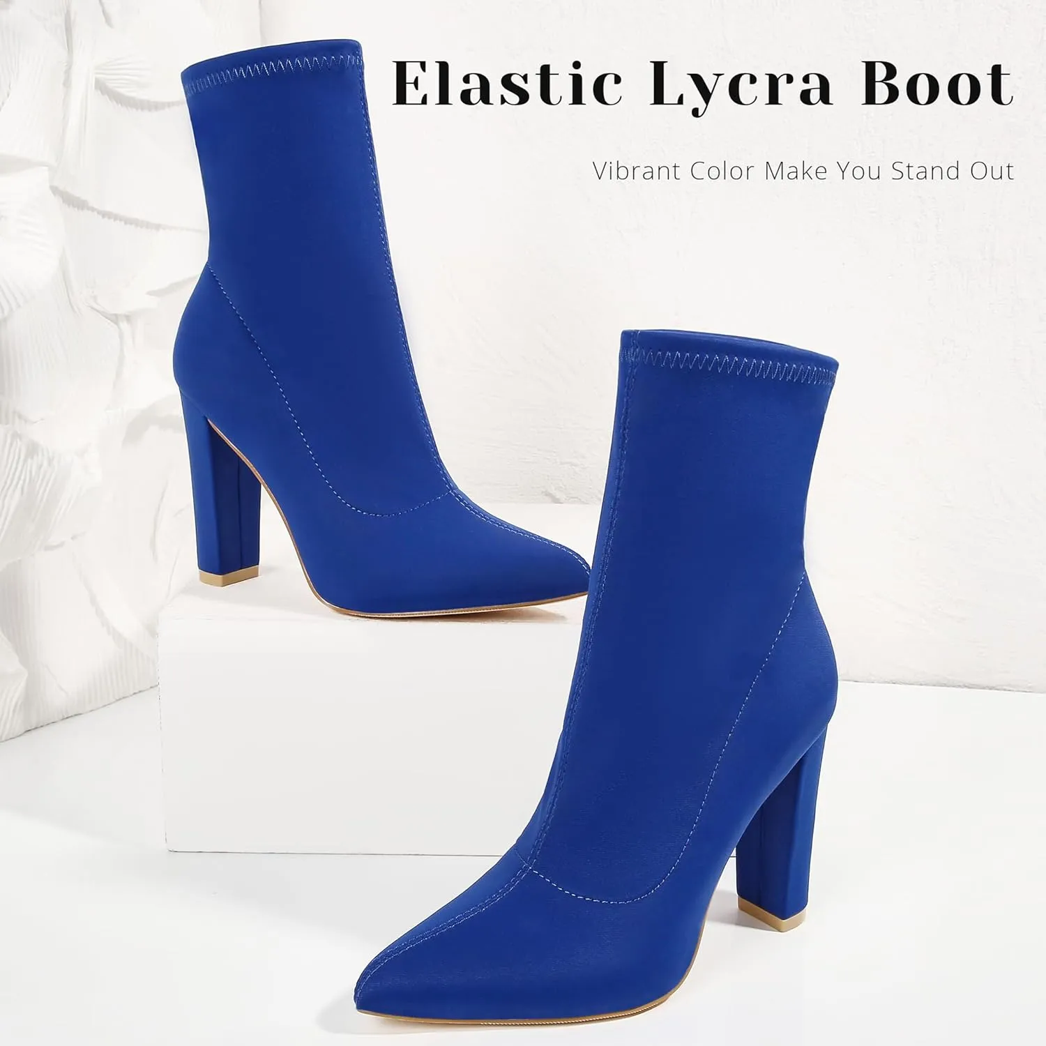 Women's High Heeled Booties Pointed Toe Mid Calf Ankle Boots Block Chunky Heels boot Stretch Fashion Sexy Wedding Short Bootie