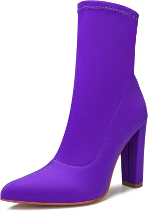 Women's High Heeled Booties Pointed Toe Mid Calf Ankle Boots Block Chunky Heels boot Stretch Fashion Sexy Wedding Short Bootie