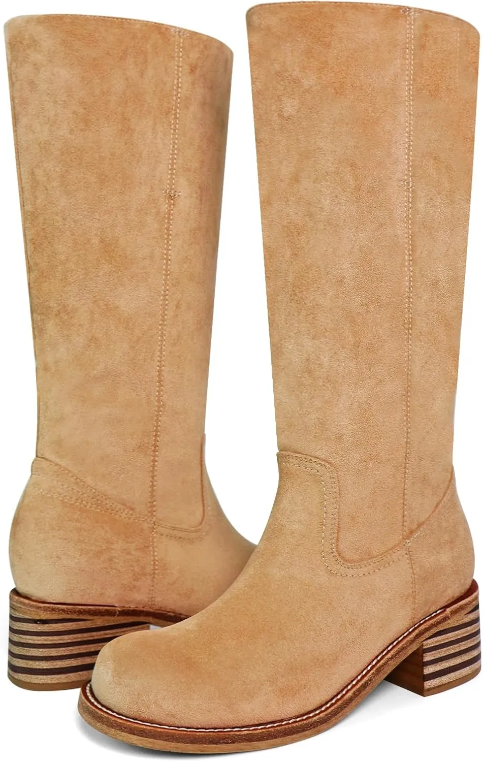 Women's Knee High Boots Square Toe Chunky Block Heel Long Boots for Women Comfortable Low Heel Womens Boots