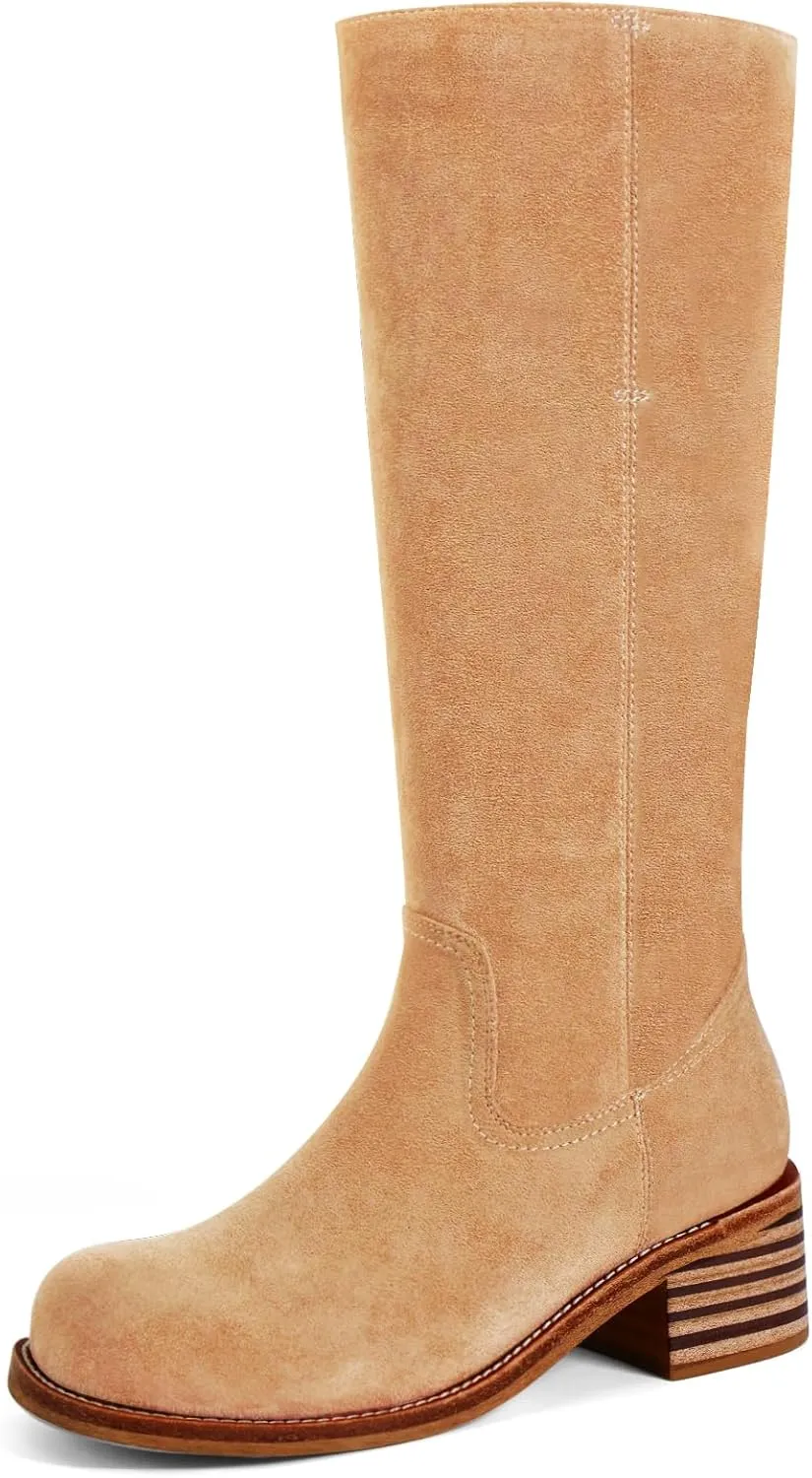 Women's Knee High Boots Square Toe Chunky Block Heel Long Boots for Women Comfortable Low Heel Womens Boots