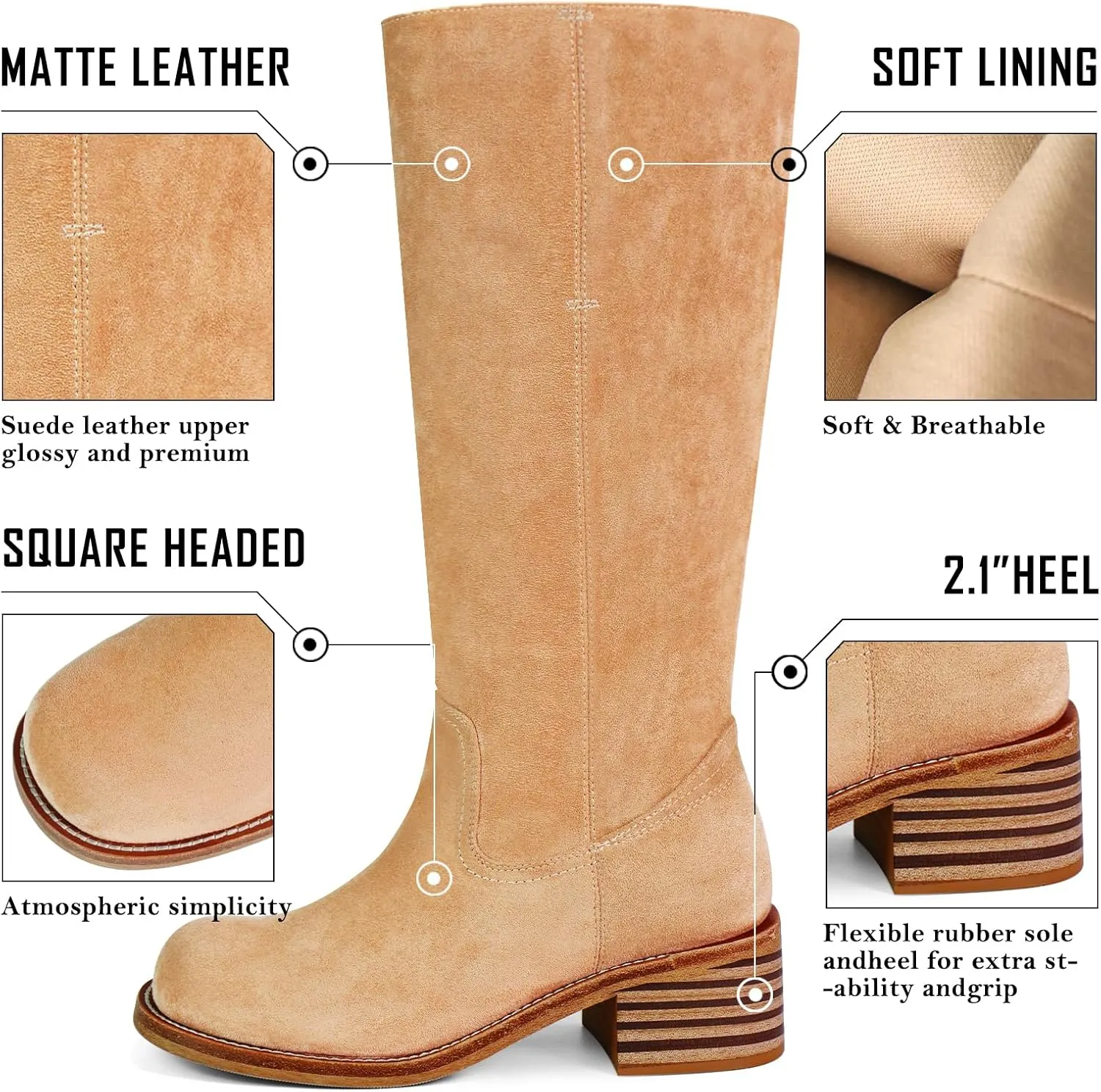 Women's Knee High Boots Square Toe Chunky Block Heel Long Boots for Women Comfortable Low Heel Womens Boots