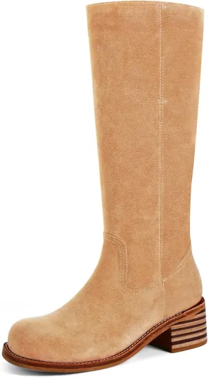 Women's Knee High Boots Square Toe Chunky Block Heel Long Boots for Women Comfortable Low Heel Womens Boots