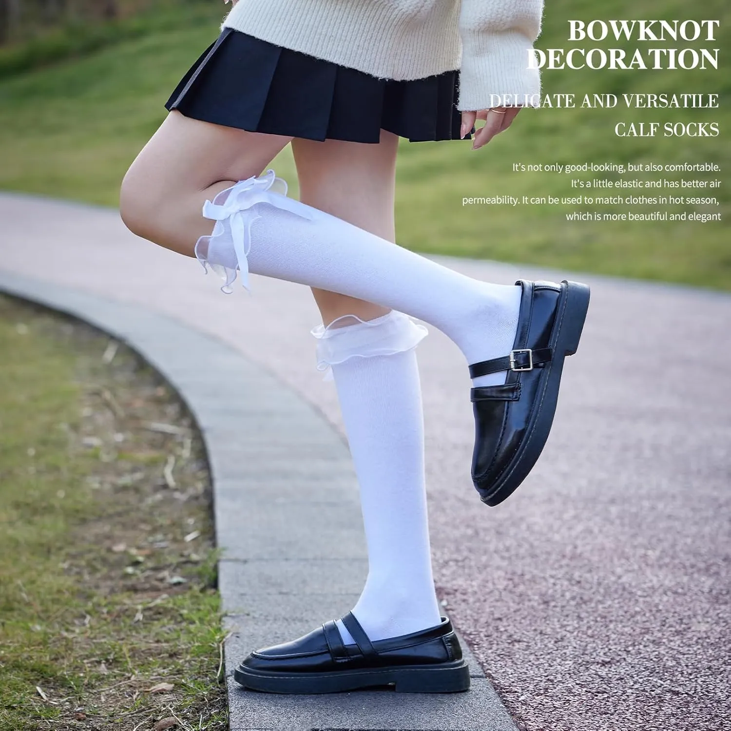 Women's Lace Ruffle Frilly Ankle Socks - Girl Cotton Knee High Socks with Bow Lace Ruffle Trim