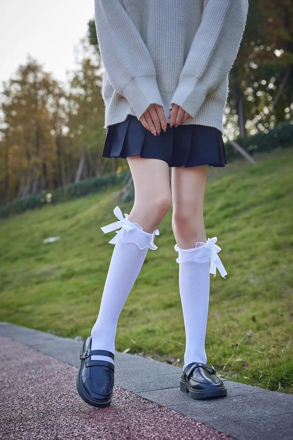 Women's Lace Ruffle Frilly Ankle Socks - Girl Cotton Knee High Socks with Bow Lace Ruffle Trim