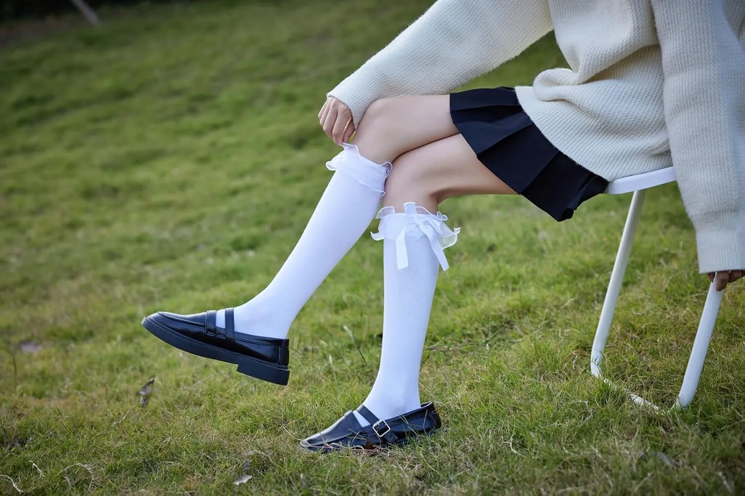 Women's Lace Ruffle Frilly Ankle Socks - Girl Cotton Knee High Socks with Bow Lace Ruffle Trim