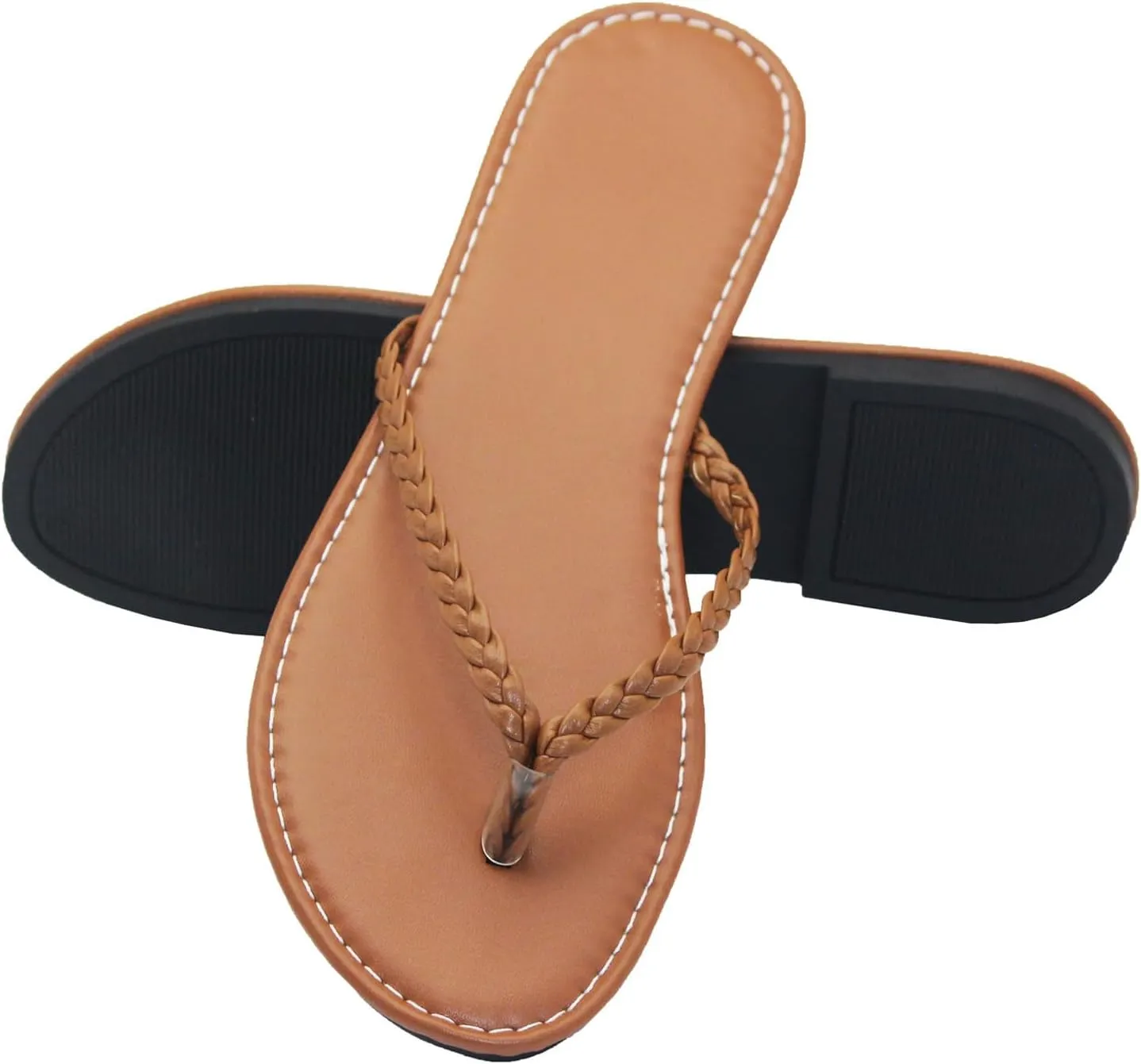 Women's Leather Flip Flops, Woven Strap PU Leather Flat Sandals Slip On Slippers Casual Beach Thongs Slides Shoes