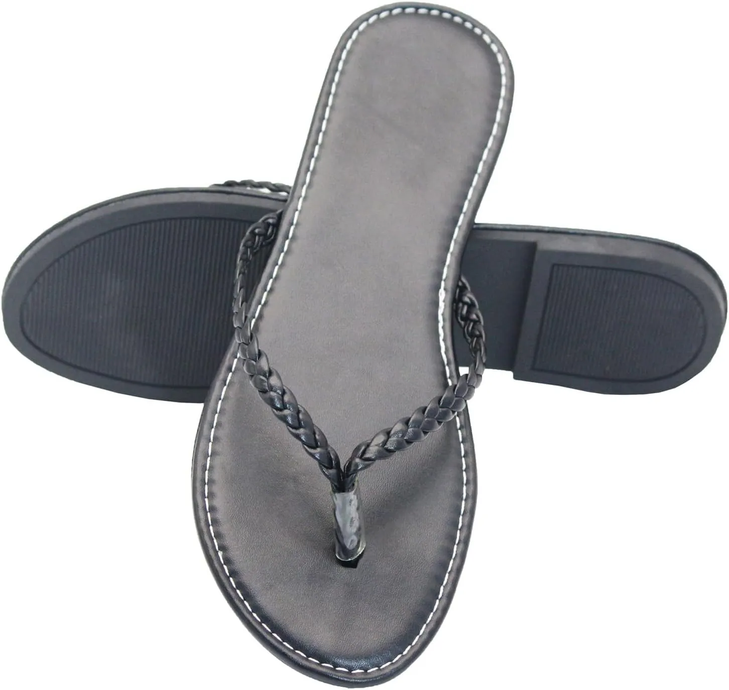 Women's Leather Flip Flops, Woven Strap PU Leather Flat Sandals Slip On Slippers Casual Beach Thongs Slides Shoes