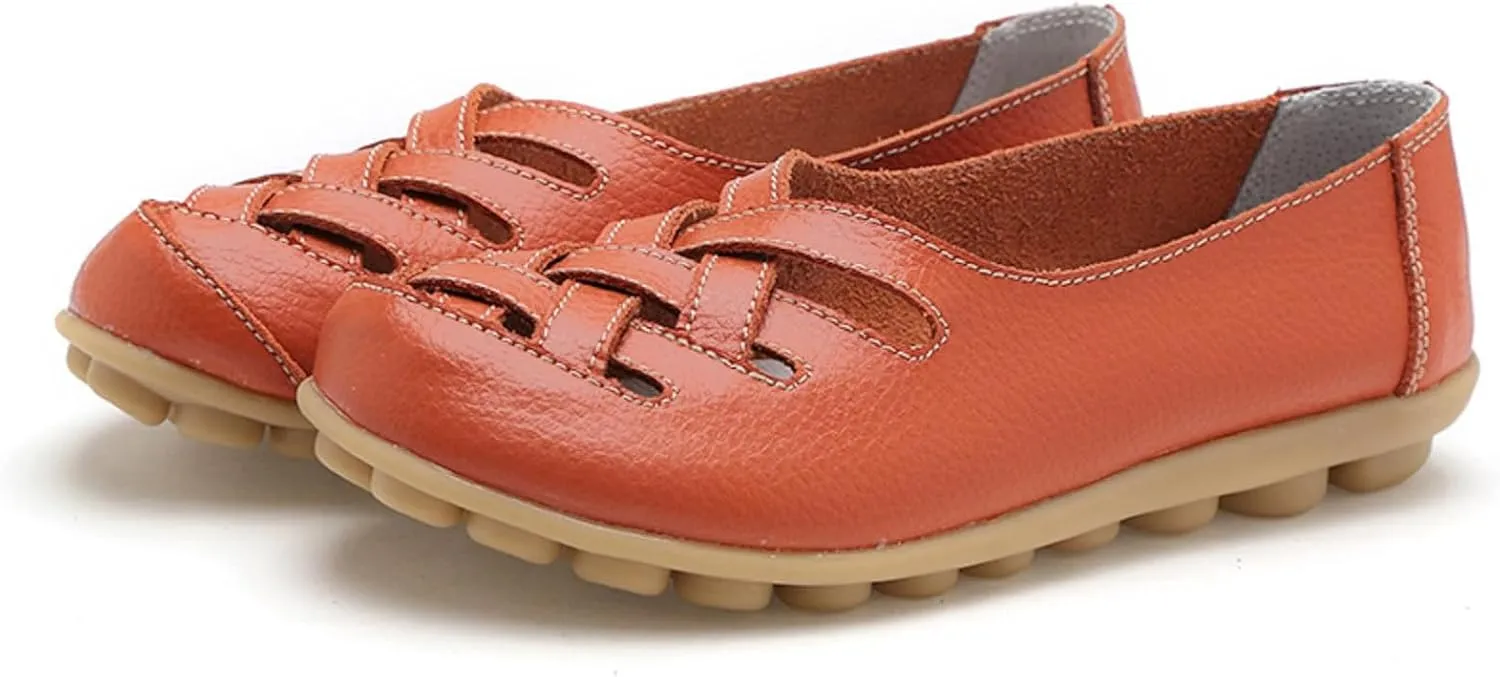 Womens Leather Loafers Summer Breathable Hollow Out Closed Toe Slip-On Sandals Casual Lightweight Soft Sole Nurse Work Walking Shoes Comfortable Casual Fisherman Sandals
