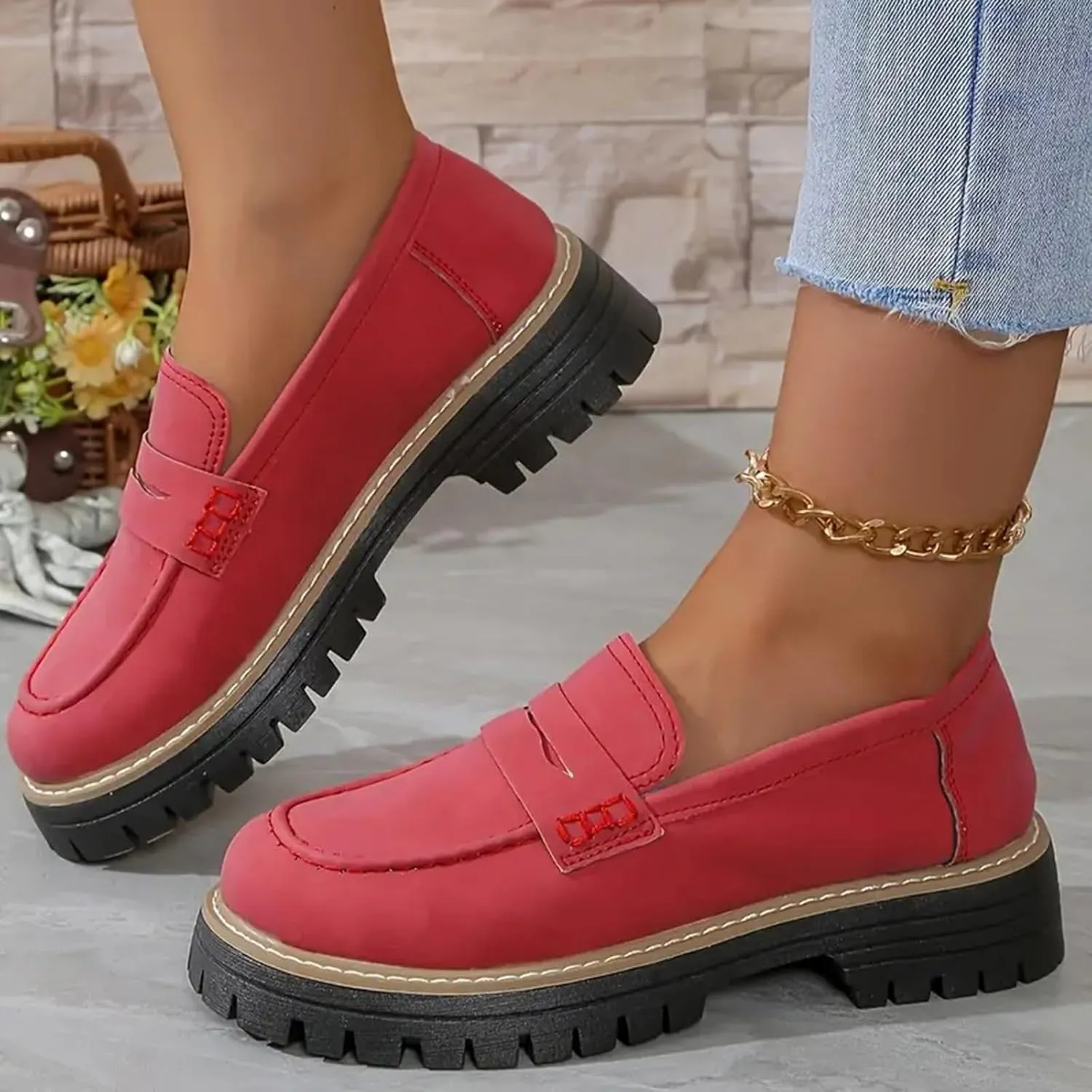 Womens Loafers Platform Chunky Penny Loafer Lug Sole Comfortable Slip On Work Office Business Orthopedic Casual Dressy Shoes Arch Support Round Toe Walking Shoe for Daily Wear