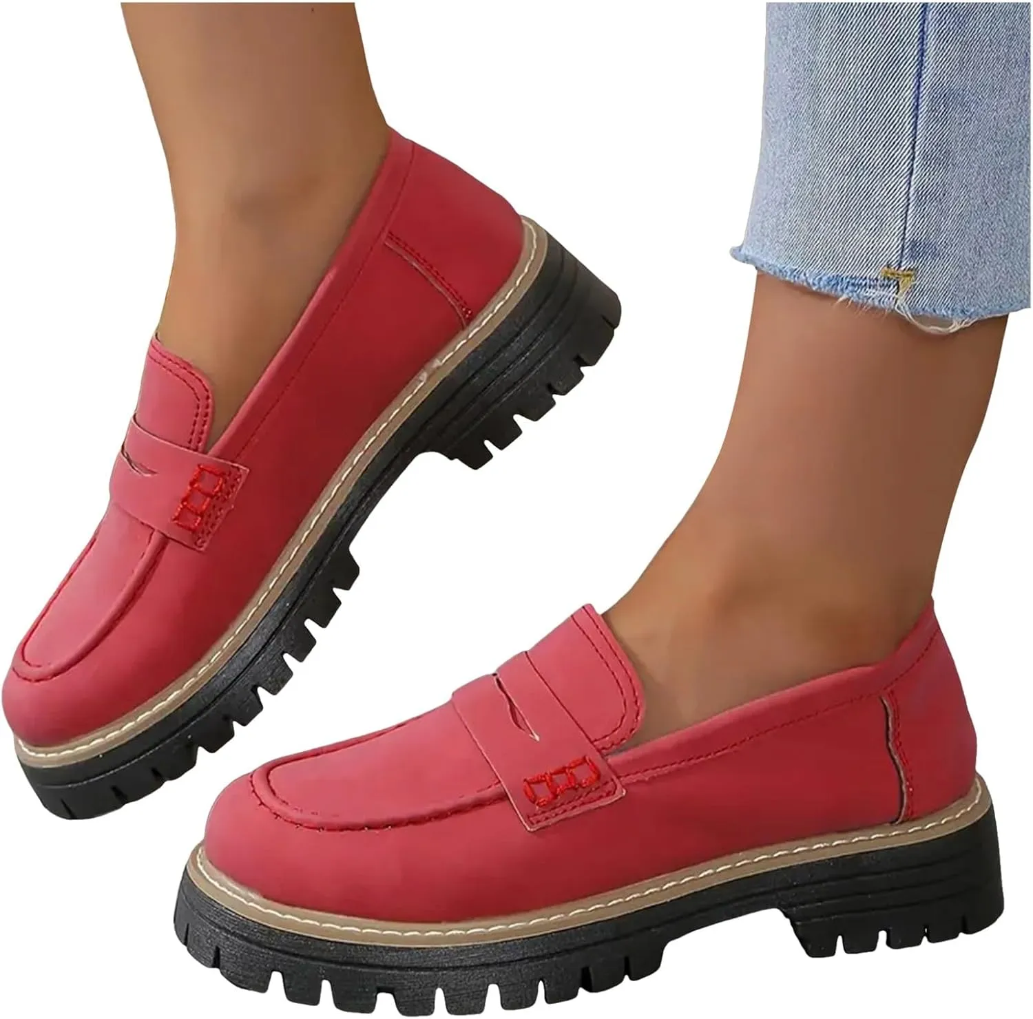 Womens Loafers Platform Chunky Penny Loafer Lug Sole Comfortable Slip On Work Office Business Orthopedic Casual Dressy Shoes Arch Support Round Toe Walking Shoe for Daily Wear