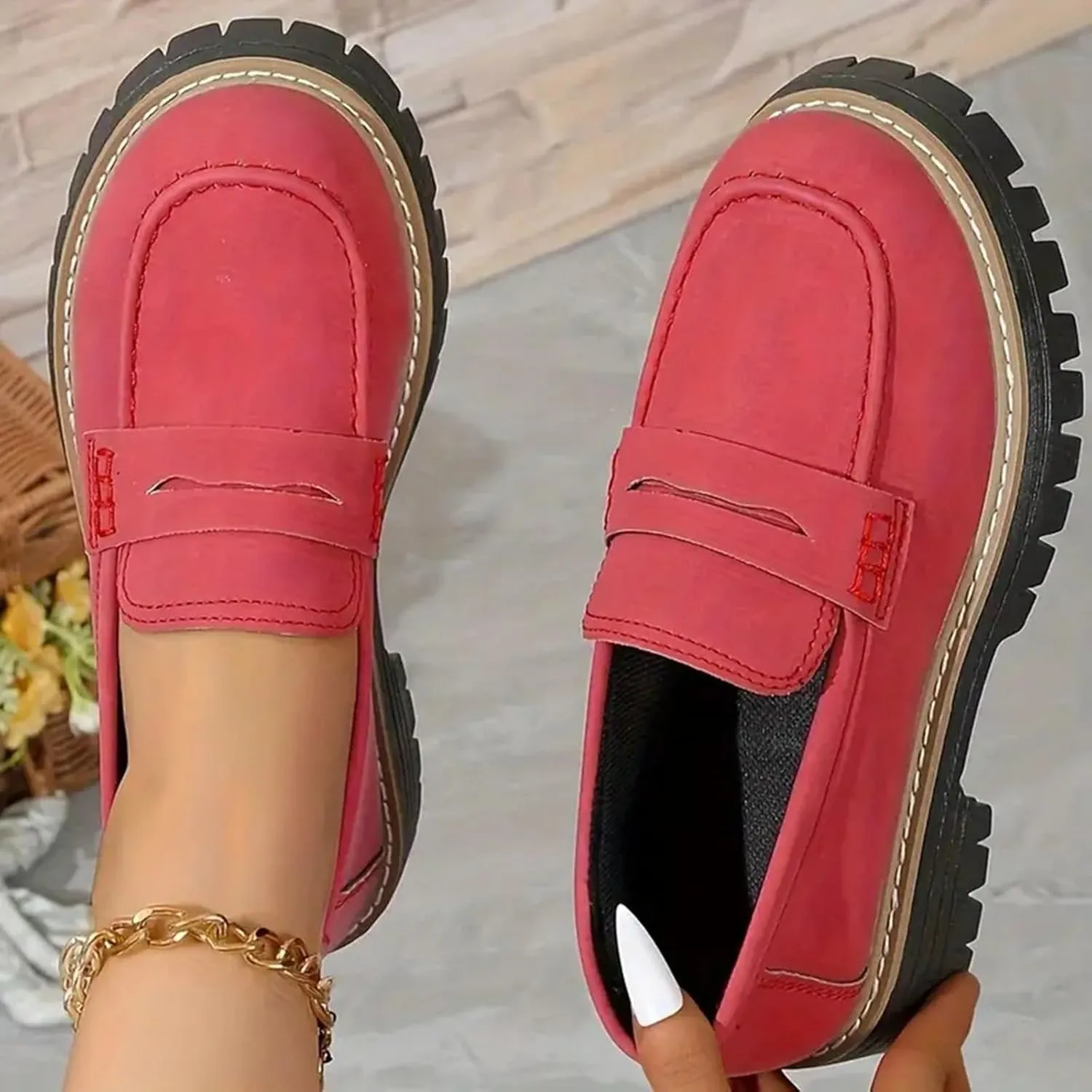 Womens Loafers Platform Chunky Penny Loafer Lug Sole Comfortable Slip On Work Office Business Orthopedic Casual Dressy Shoes Arch Support Round Toe Walking Shoe for Daily Wear
