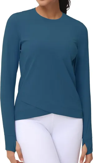 Women's Long Sleeve Compression Shirts Workout Tops Cross Hem Athletic Running Yoga T-Shirts with Thumb Hole