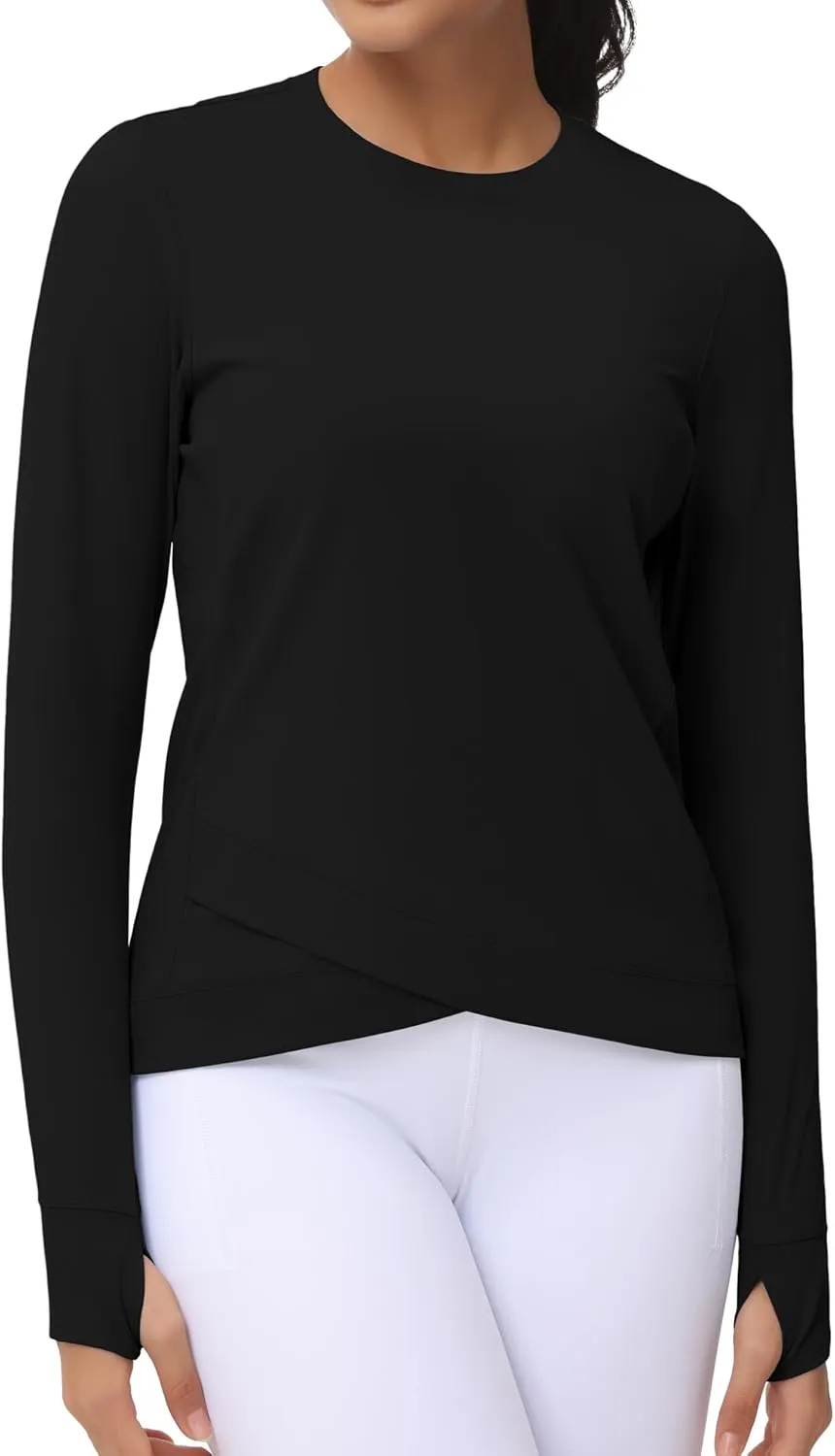 Women's Long Sleeve Compression Shirts Workout Tops Cross Hem Athletic Running Yoga T-Shirts with Thumb Hole