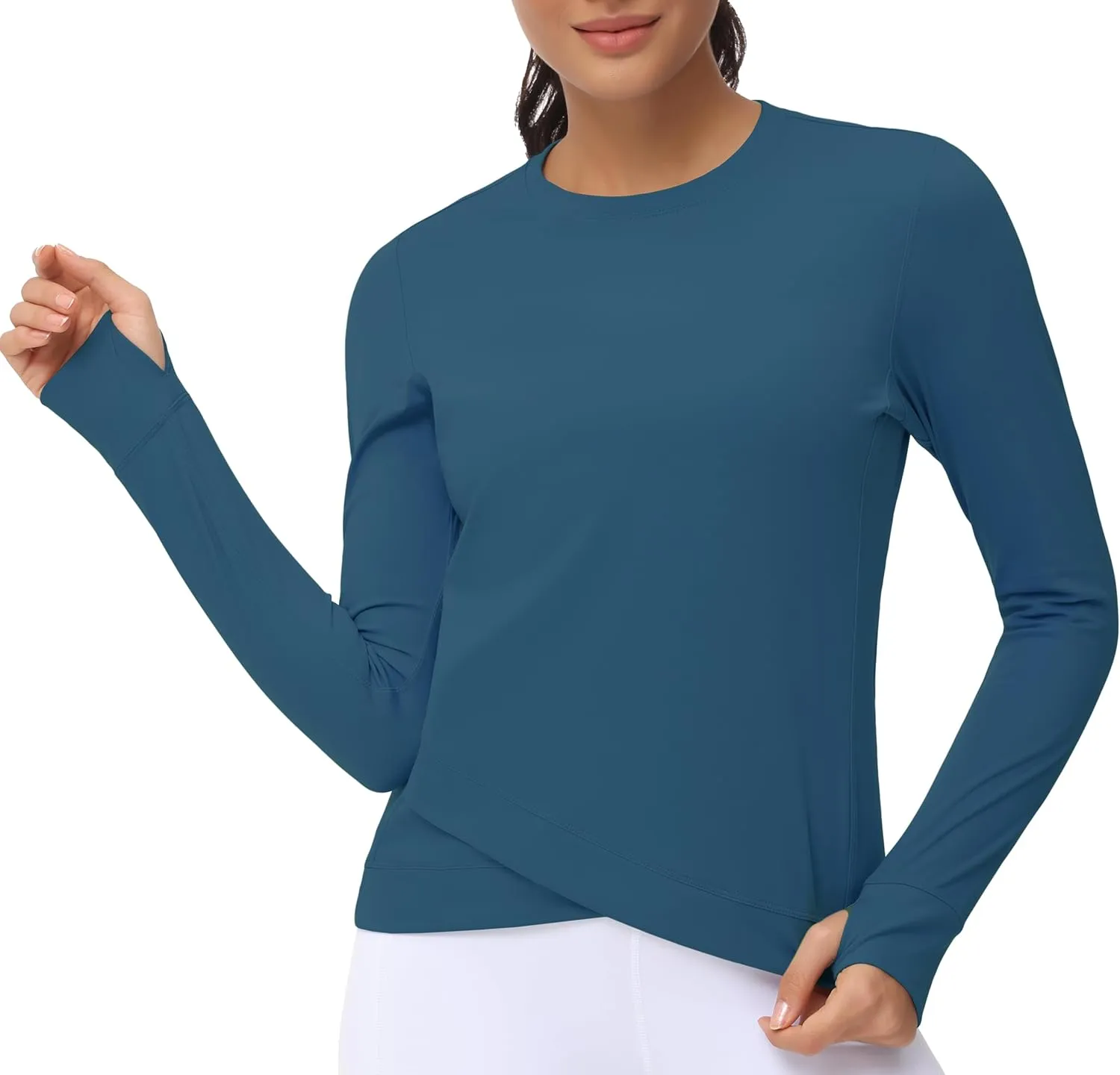 Women's Long Sleeve Compression Shirts Workout Tops Cross Hem Athletic Running Yoga T-Shirts with Thumb Hole