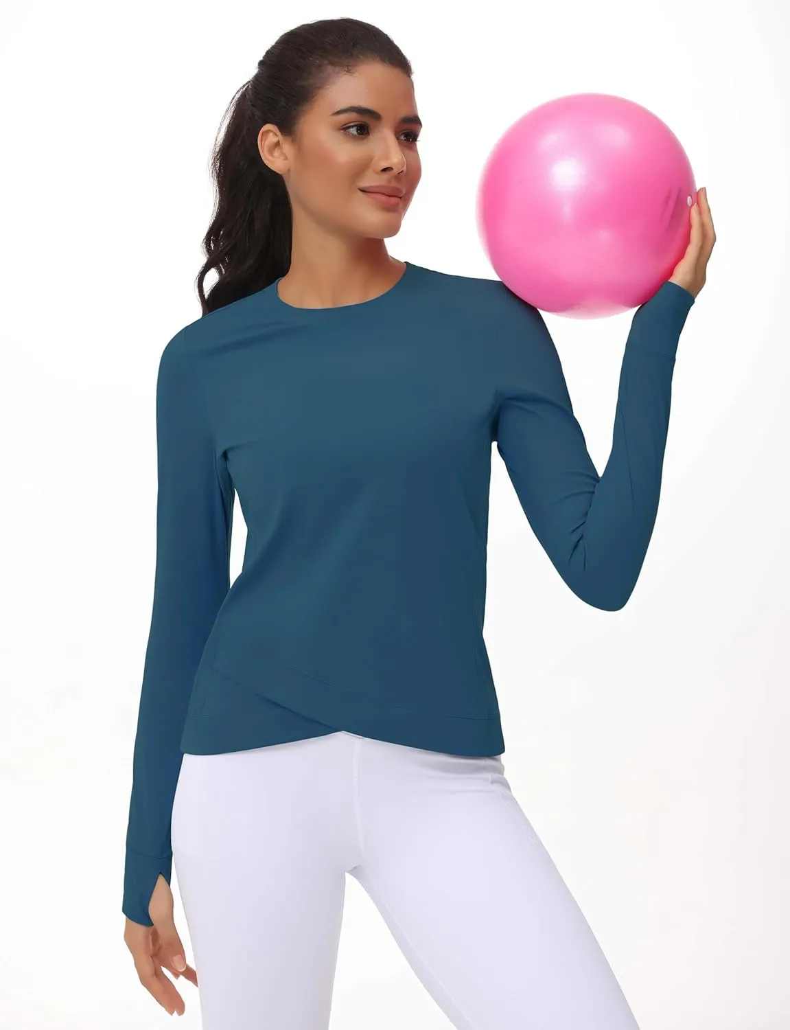 Women's Long Sleeve Compression Shirts Workout Tops Cross Hem Athletic Running Yoga T-Shirts with Thumb Hole