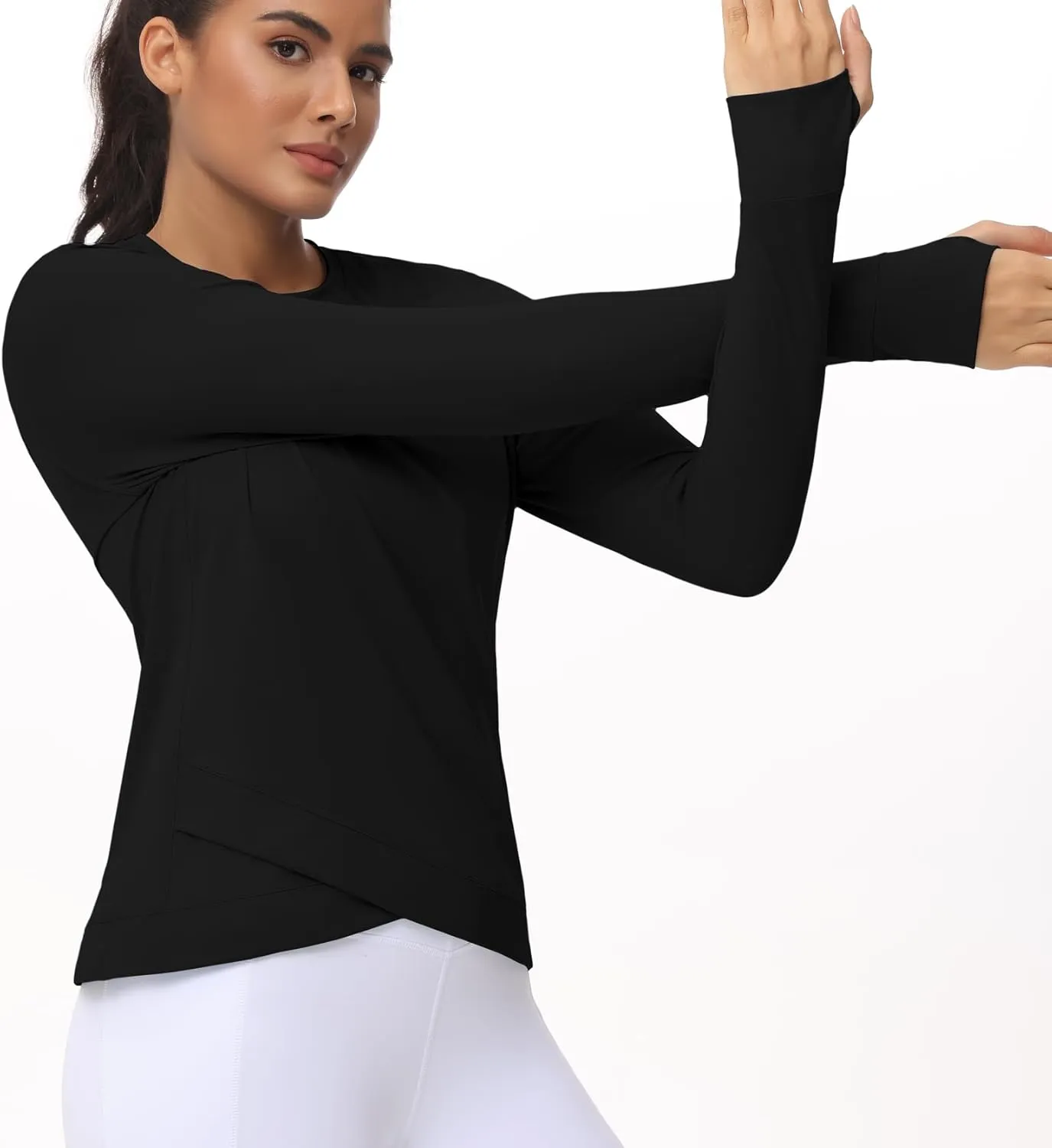 Women's Long Sleeve Compression Shirts Workout Tops Cross Hem Athletic Running Yoga T-Shirts with Thumb Hole