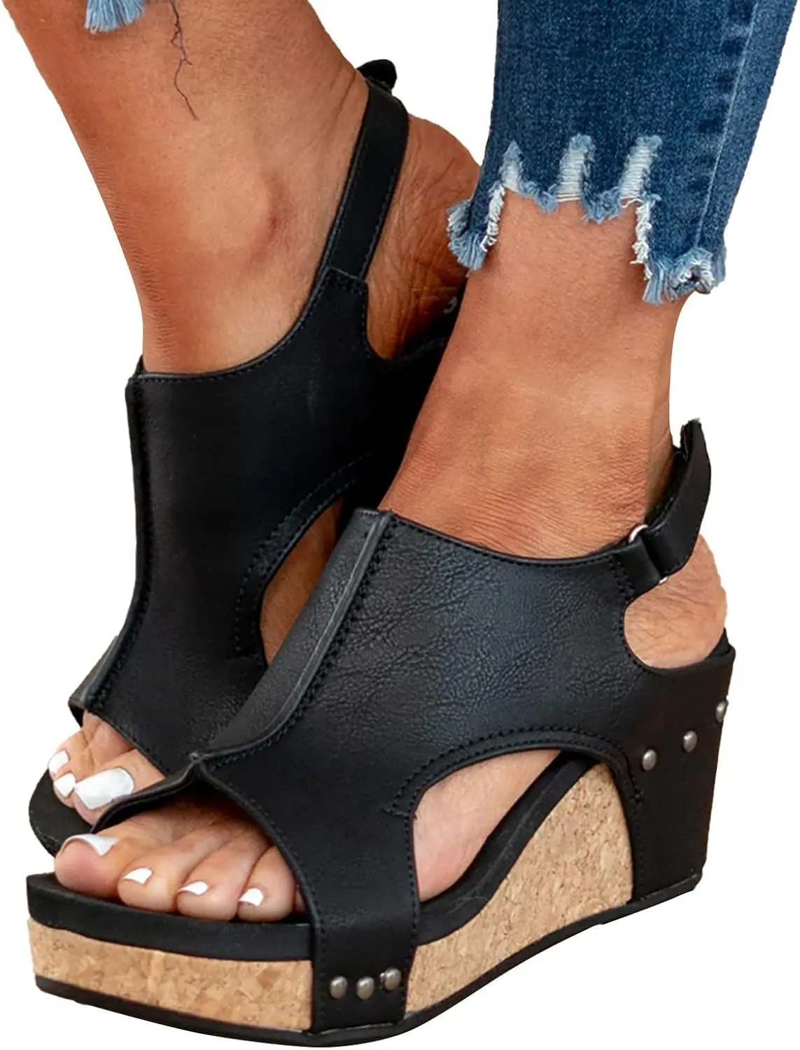 Women's Low Wedge Heels Summer Dressy Platform Sandals Cork Cushion Elastic Ankle Strap Slides Sandals Lightweight for All Day Wear Comfortable Outdoor Shoes