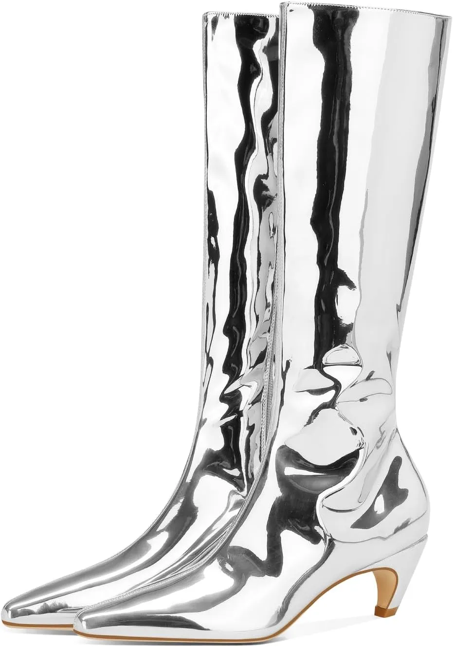 Women's Metallic Knee High Boots Pointed Toe Kitten Heel Booties Low Heel Go-go Party Dress Club Booties