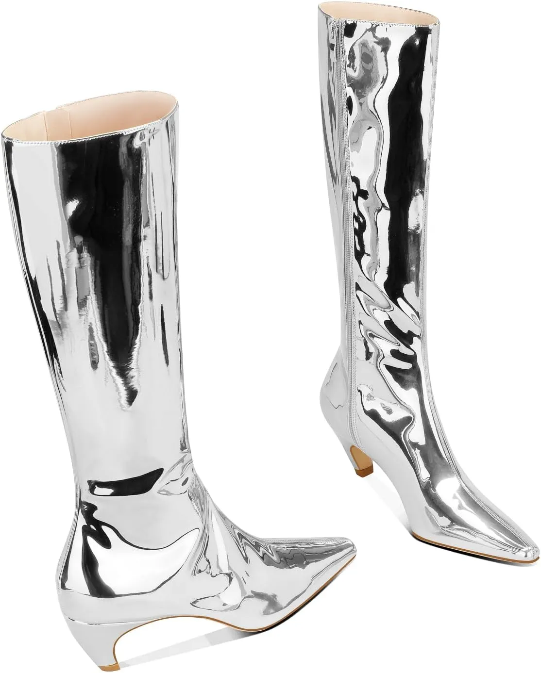 Women's Metallic Knee High Boots Pointed Toe Kitten Heel Booties Low Heel Go-go Party Dress Club Booties